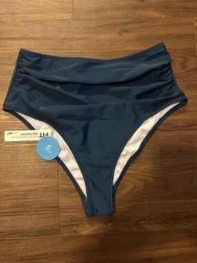 Cupshe High-Waist Ruched Bikini Bottom - Teal Blue *PROTECTIVE LINER ATTACHED*